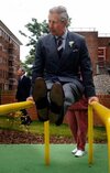 Prince Charles, the Prince of Wales swings on parallel bars during a visit to Wigan House. 2005.jpg